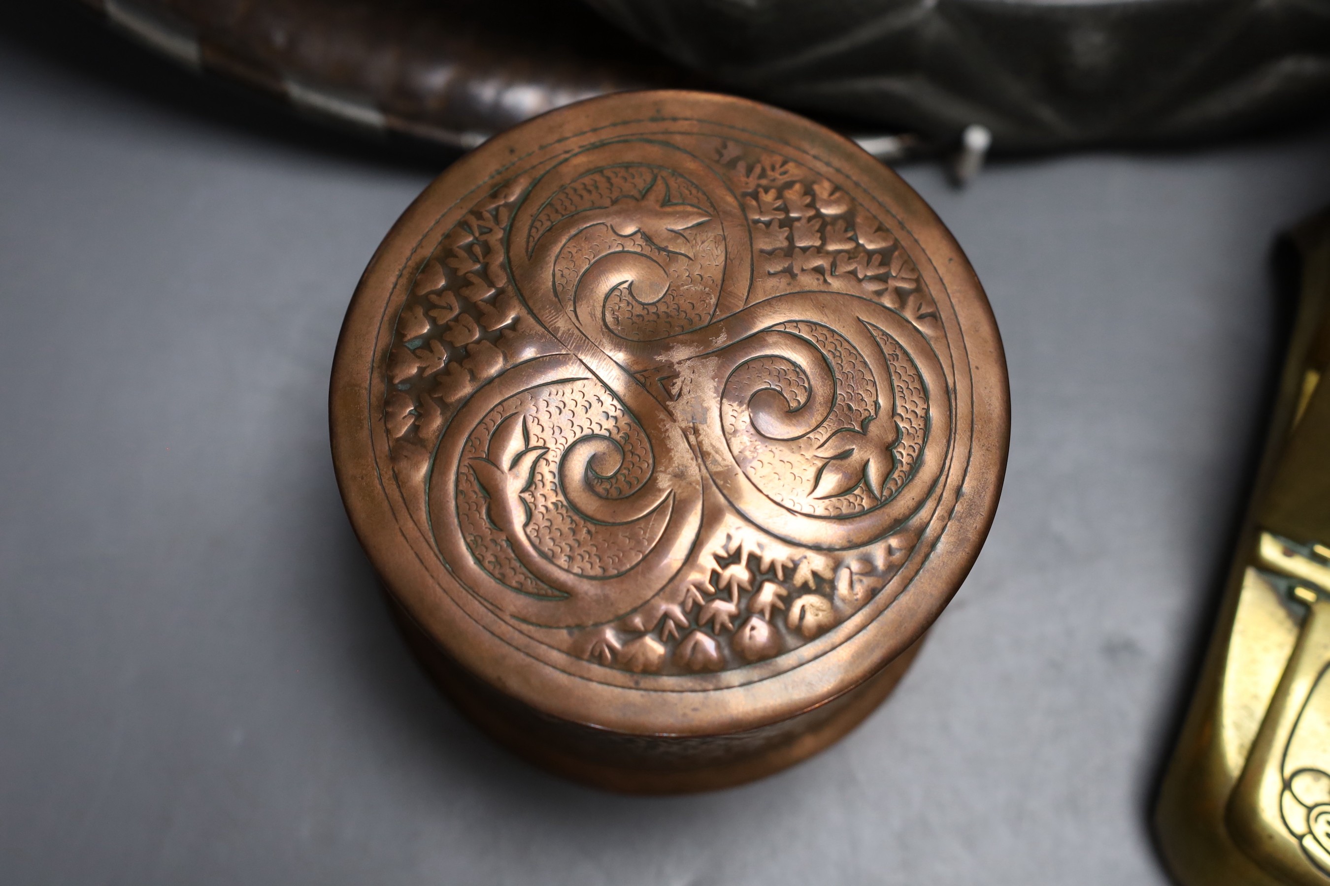 An Arts and Crafts copper box, Hugh Wallis tray and two other items